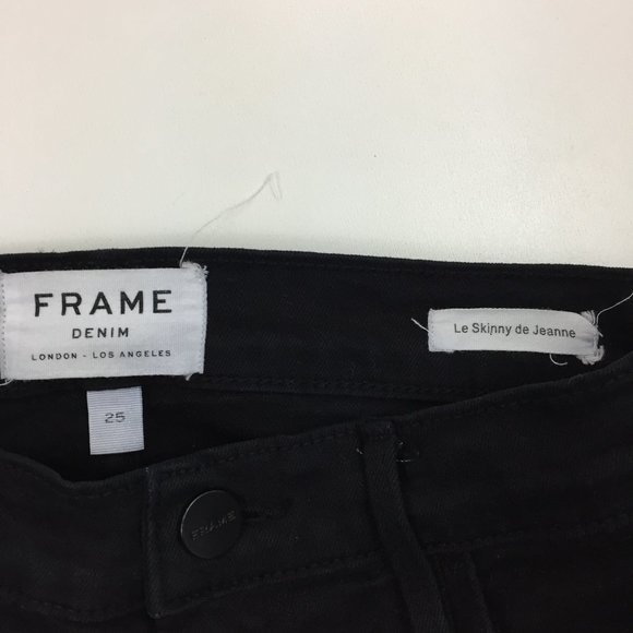 FRAME Le Skinny De Jeanne Film Noir Black Raw Step Hem Logo Hardware Denim Jeans - Picture 2 of 10